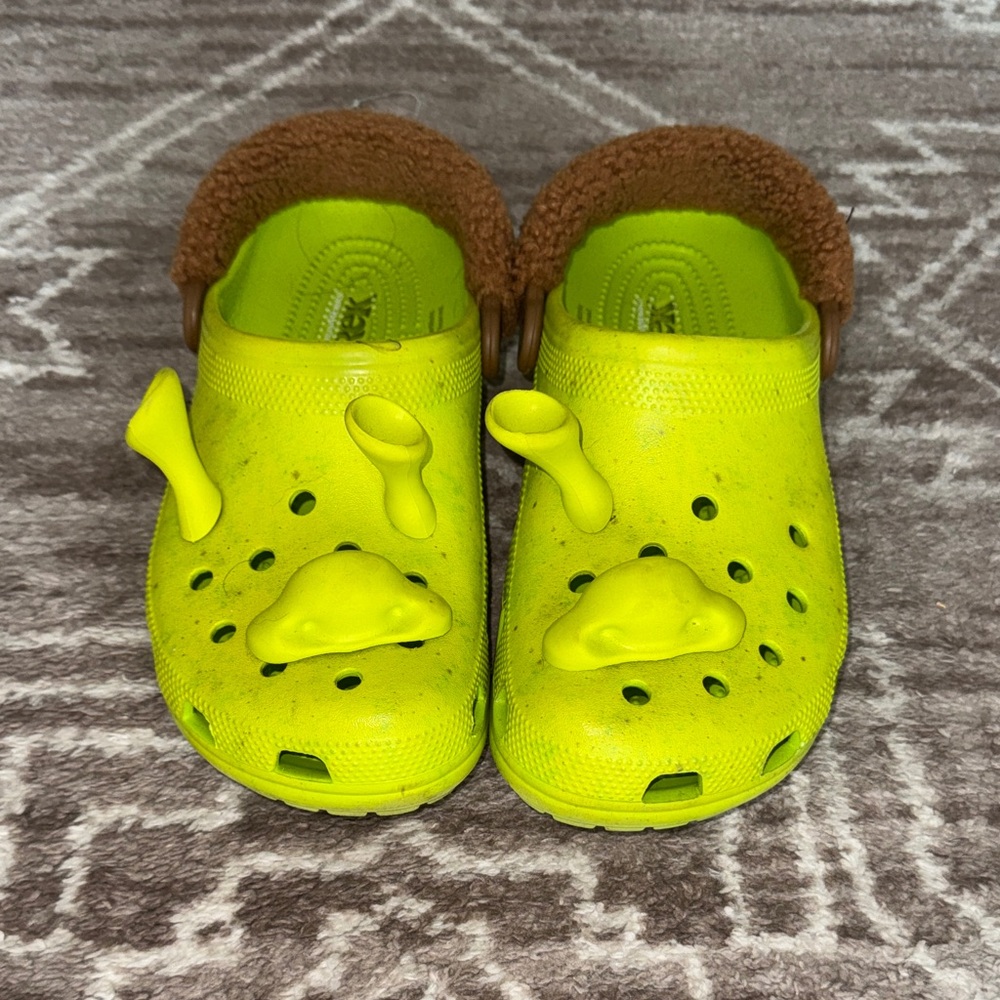 Shrek CROCS,  Neon Green Slides with Brown Fur